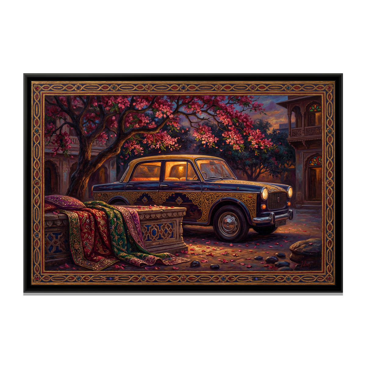 Vintage Taxi – Courtyard Blossoms - framed canvas art print, front view