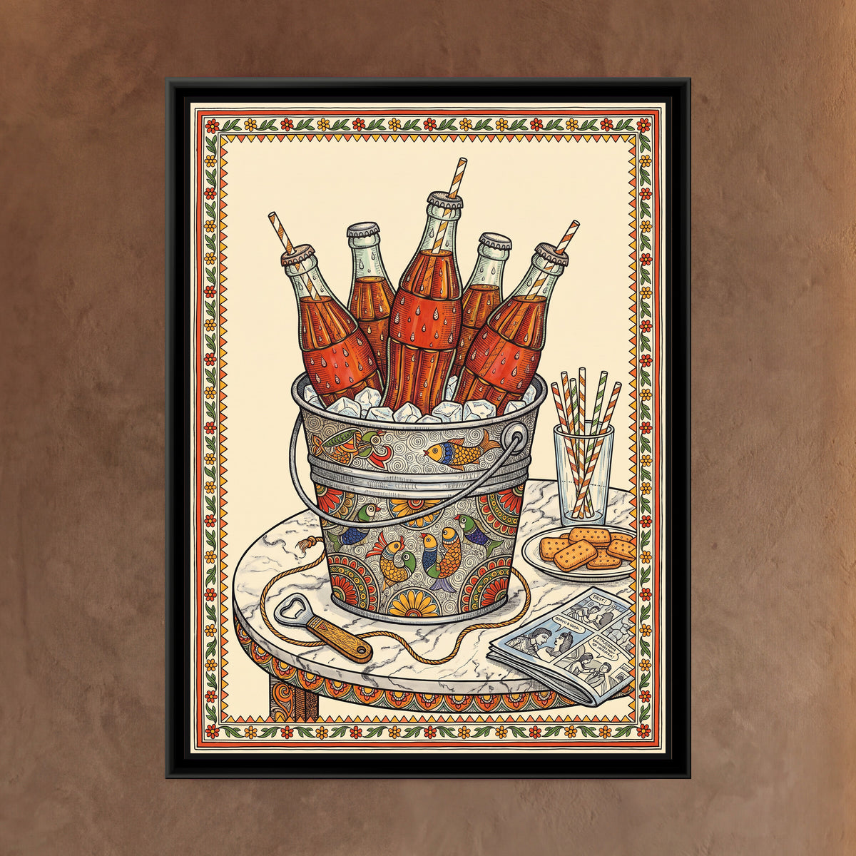 Traditional Pop Cola Bottles Painting - framed canvas print of vintage cola bottles in a Madhubani-patterned ice bucket, hung on a wall