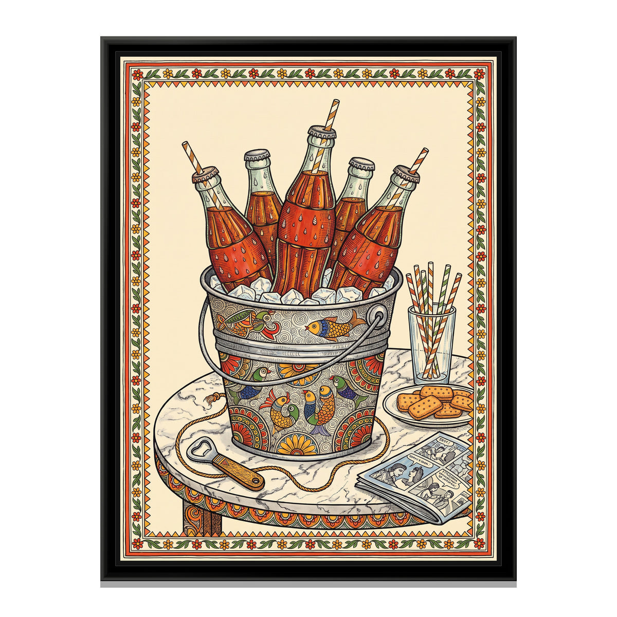 Traditional Pop Cola Bottles Painting - framed canvas print, front view