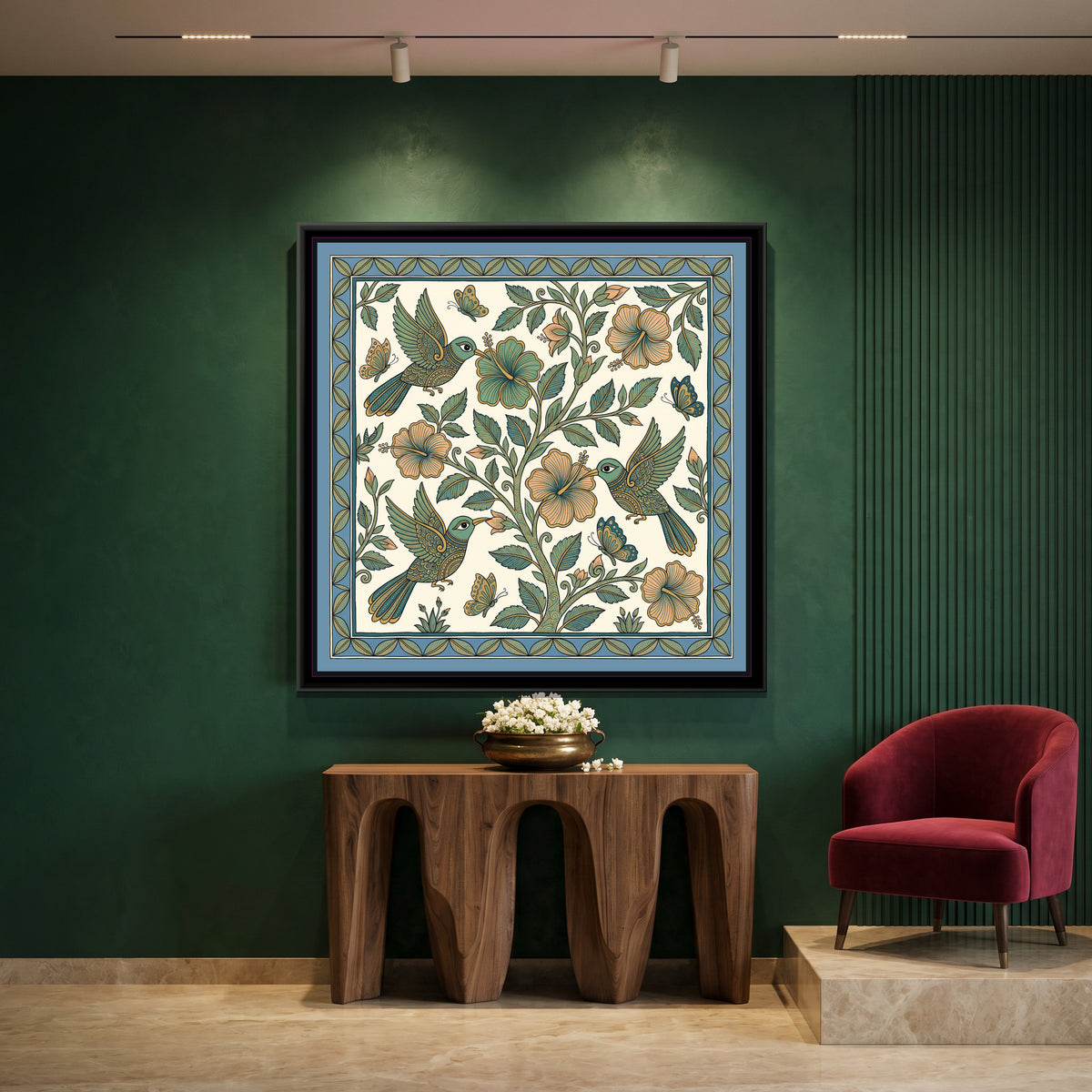 Chinoiserie Madhubani Painting – Sunbirds and Hibiscus - canvas print shown in a styled room