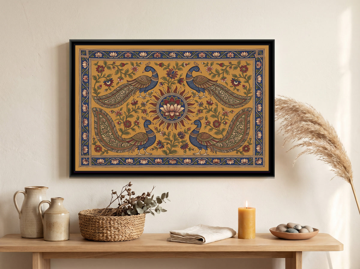 Kalamkari Painting – Four Peacocks around a Sun Medallion - canvas print shown in a second room setting