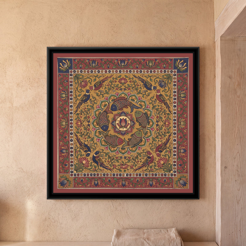 Kalamkari Painting – Fish Mandala - framed canvas print of a ring of fish around a lotus in Kalamkari style, hung on a wall