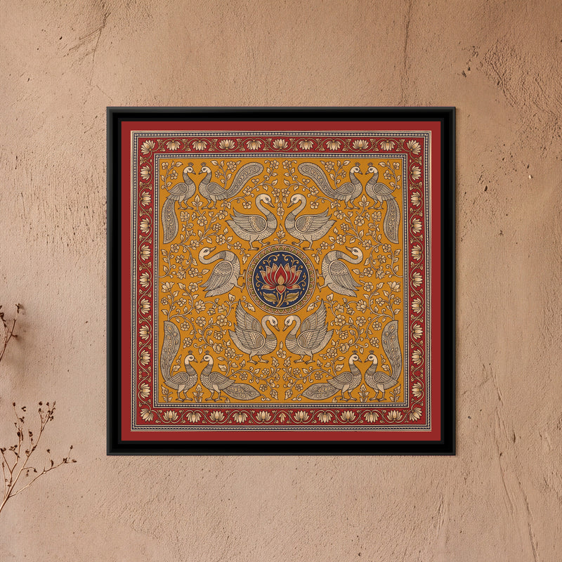 Kalamkari Painting – Swan Mandala - framed canvas print of swans around a lotus medallion in Kalamkari style, hung on a wall