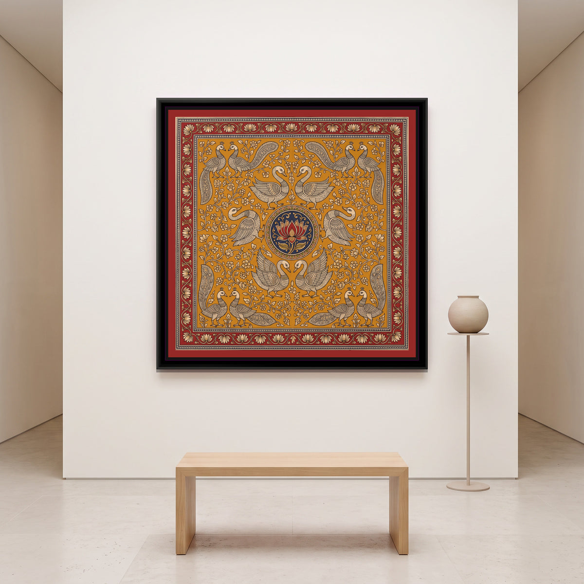 Kalamkari Painting – Swan Mandala - canvas print shown in a styled room