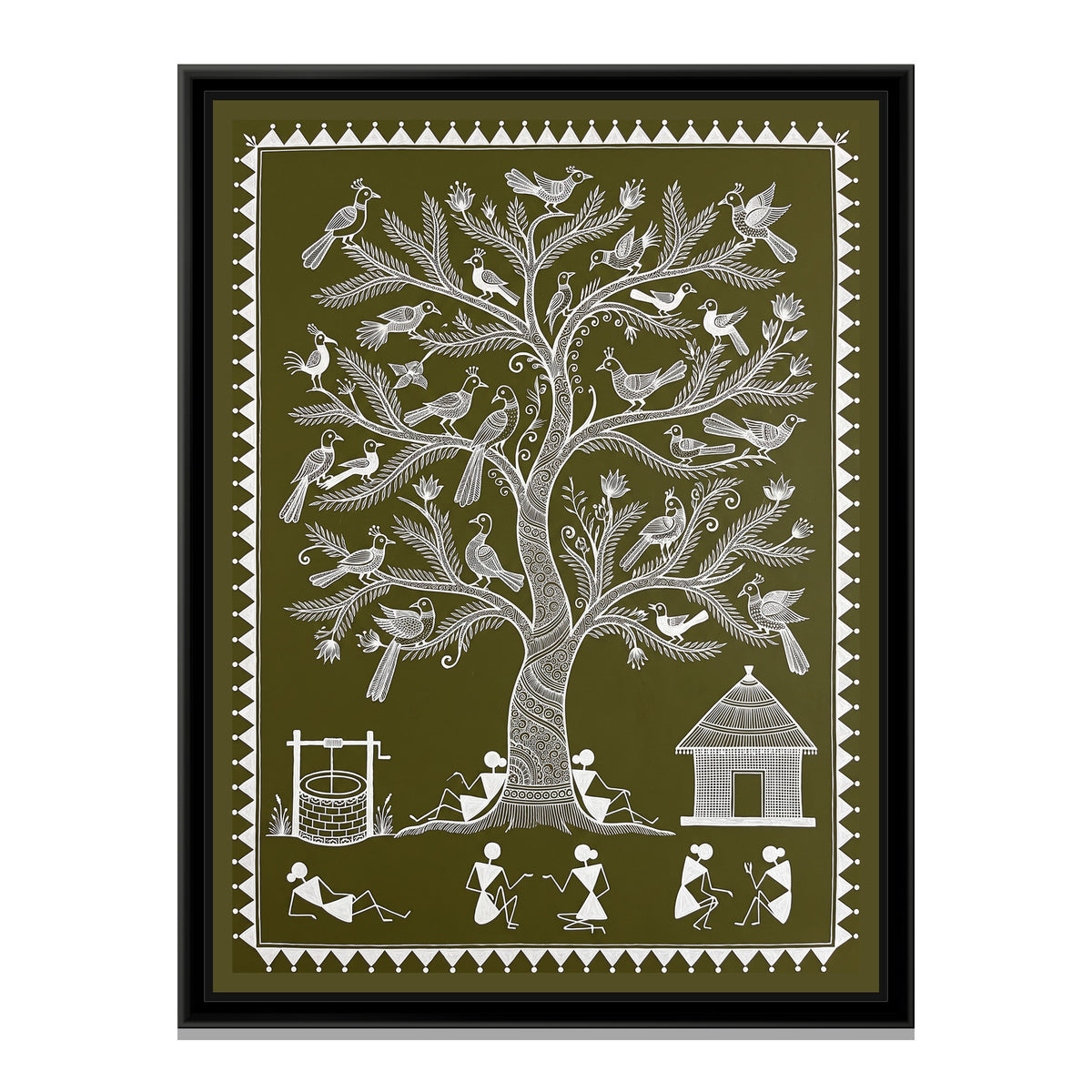 Warli Painting – Tree of Life with Birds - framed canvas print, front view