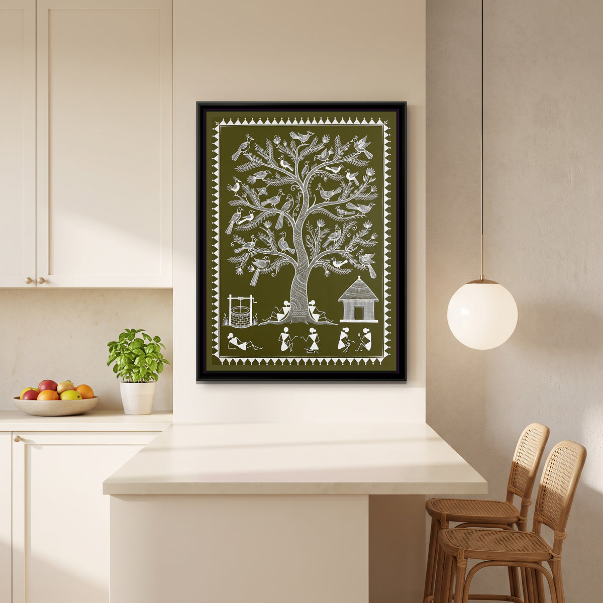 Warli Painting – Tree of Life with Birds - canvas print shown in a styled room