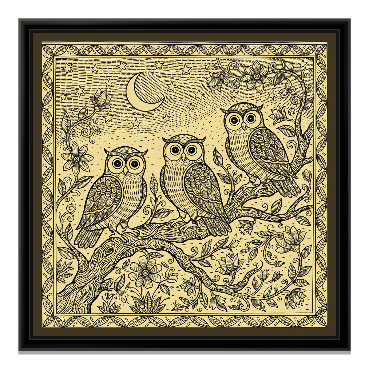 Charcoal and Gold Madhubani Painting – Owls at Night - framed canvas print, front view
