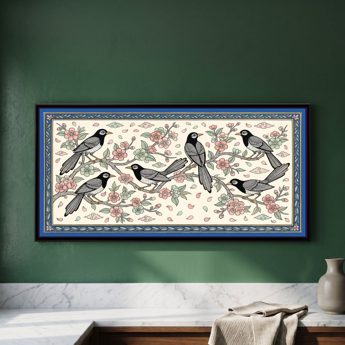 Chinoiserie Madhubani Painting – Magpies in Plum Blossom - framed canvas print of magpies on a plum blossom branch in Madhubani-Chinoiserie style, hung on a wall