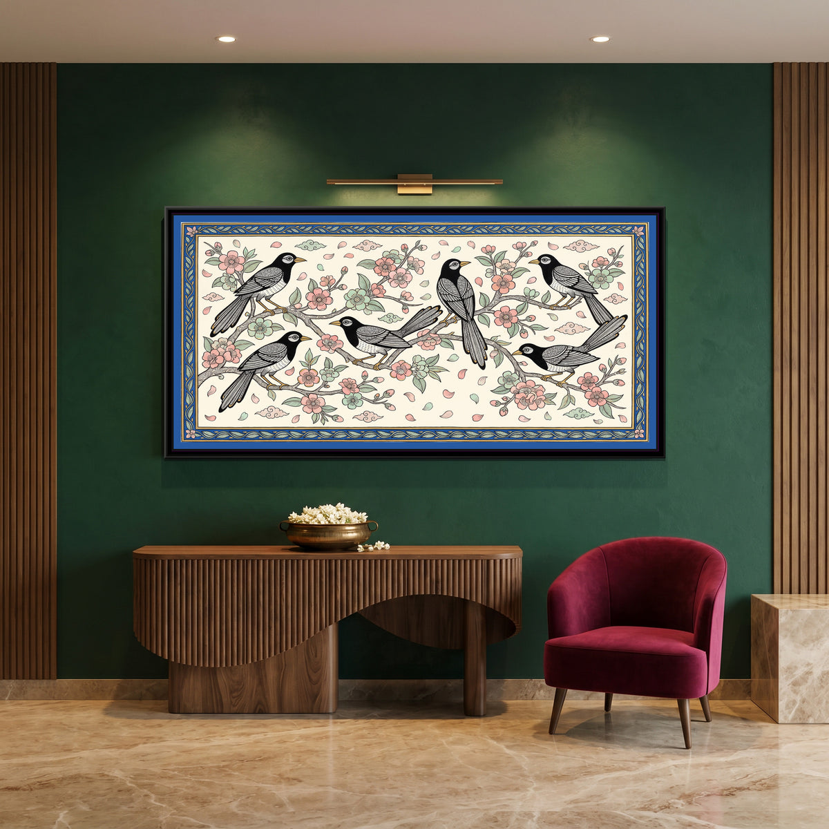 Chinoiserie Madhubani Painting – Magpies in Plum Blossom - canvas print shown in a second room setting