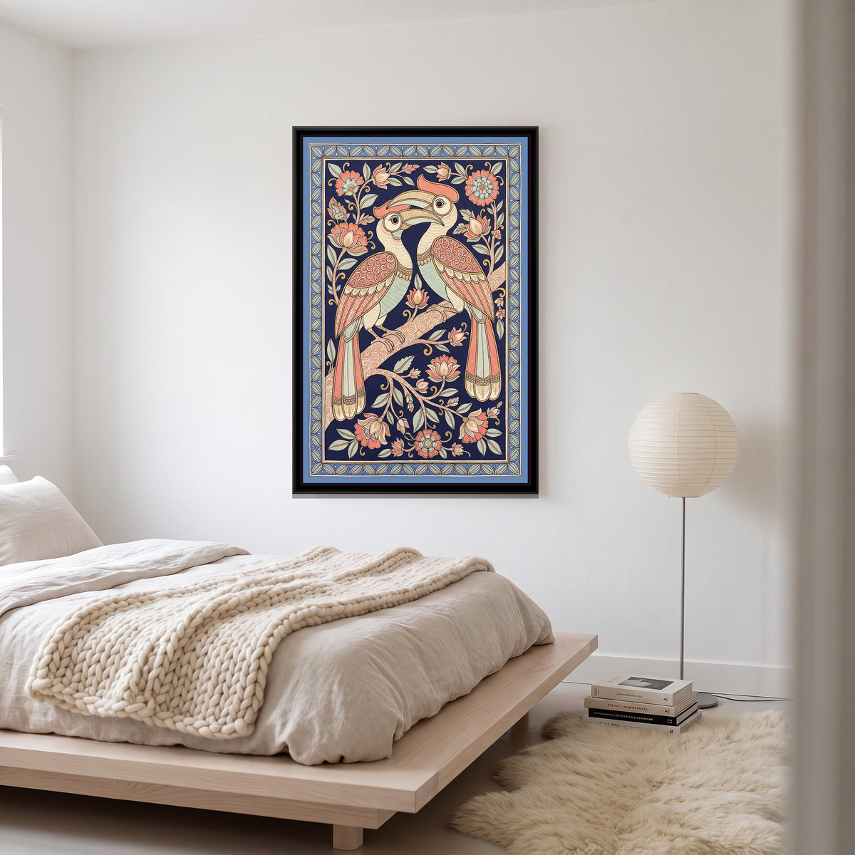 Chinoiserie Madhubani Painting – Hornbills at Dusk - canvas print shown in a styled room