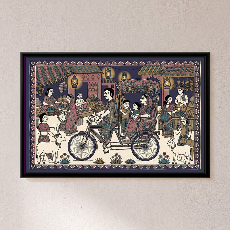 Traditional Pop Cycle Rickshaw Painting – Dusk - framed canvas print of a family riding a decorated cycle-rickshaw through a bazaar at dusk, folk-art style, hung on a wall