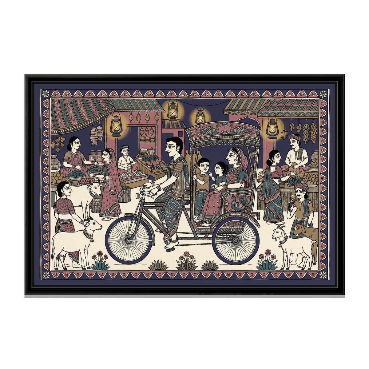 Traditional Pop Cycle Rickshaw Painting – Dusk - framed canvas print, front view