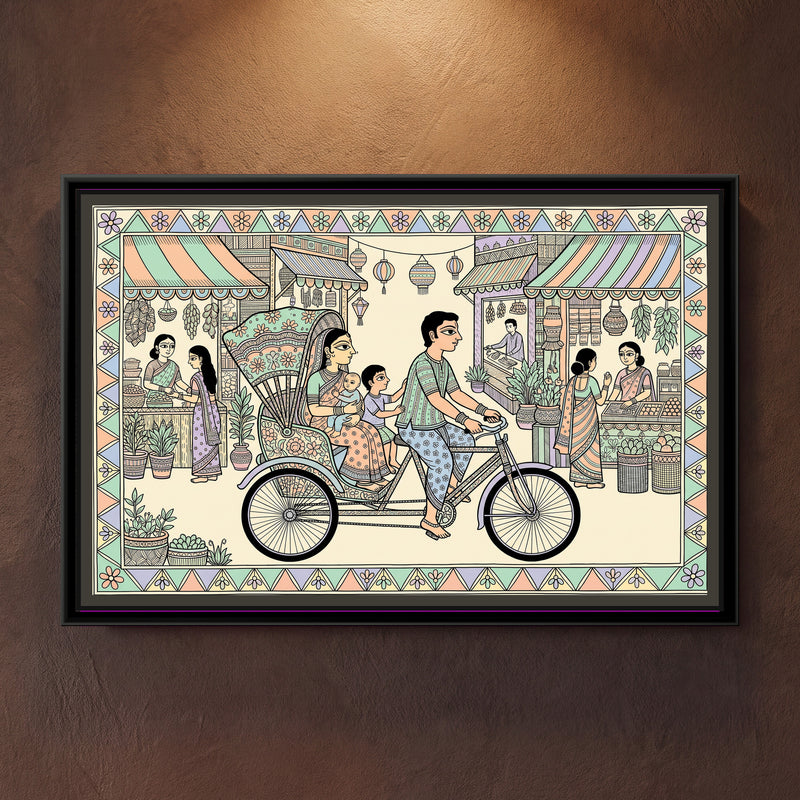 Traditional Pop Cycle Rickshaw Painting – Pastel - framed canvas print of a family on a cycle-rickshaw in a pastel bazaar lane, folk-art style, hung on a wall