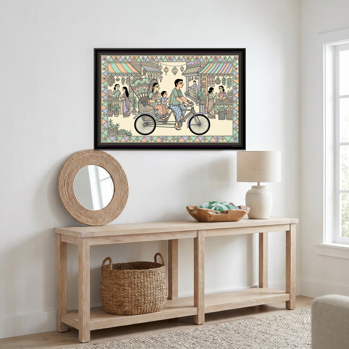 Traditional Pop Cycle Rickshaw Painting – Pastel - canvas print shown in a styled room