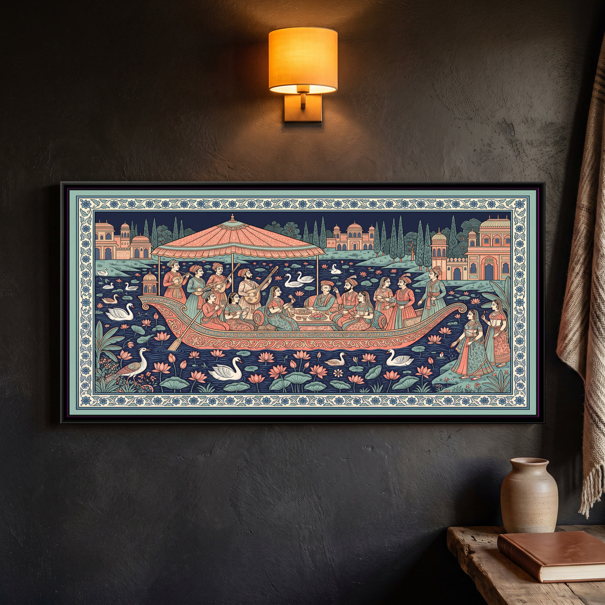 Phad Painting – Boat Party on a Lake - framed canvas print of a boat party with musicians on a lotus lake at night, Phad style, hung on a wall