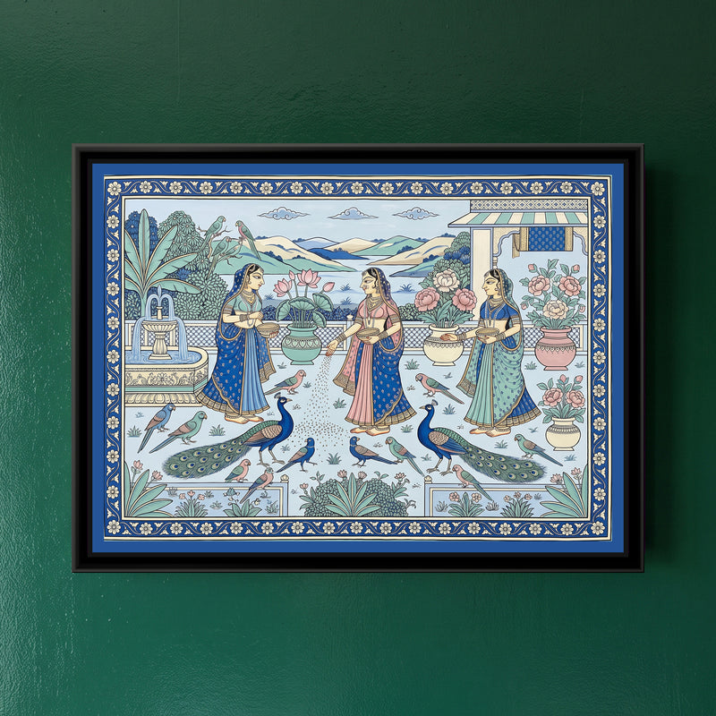 Phad Painting – Feeding the Peacocks on a Palace Terrace - framed canvas print of three ladies feeding peacocks and parrots on a palace terrace by a lake, Phad style, hung on a wall
