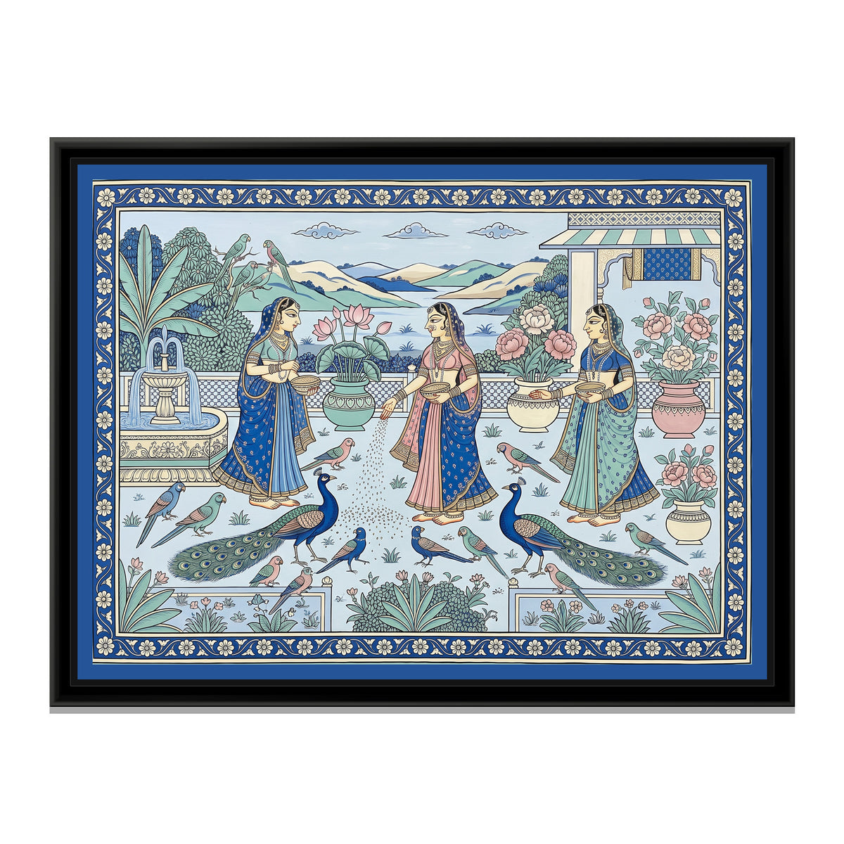Phad Painting – Feeding the Peacocks on a Palace Terrace - framed canvas print, front view