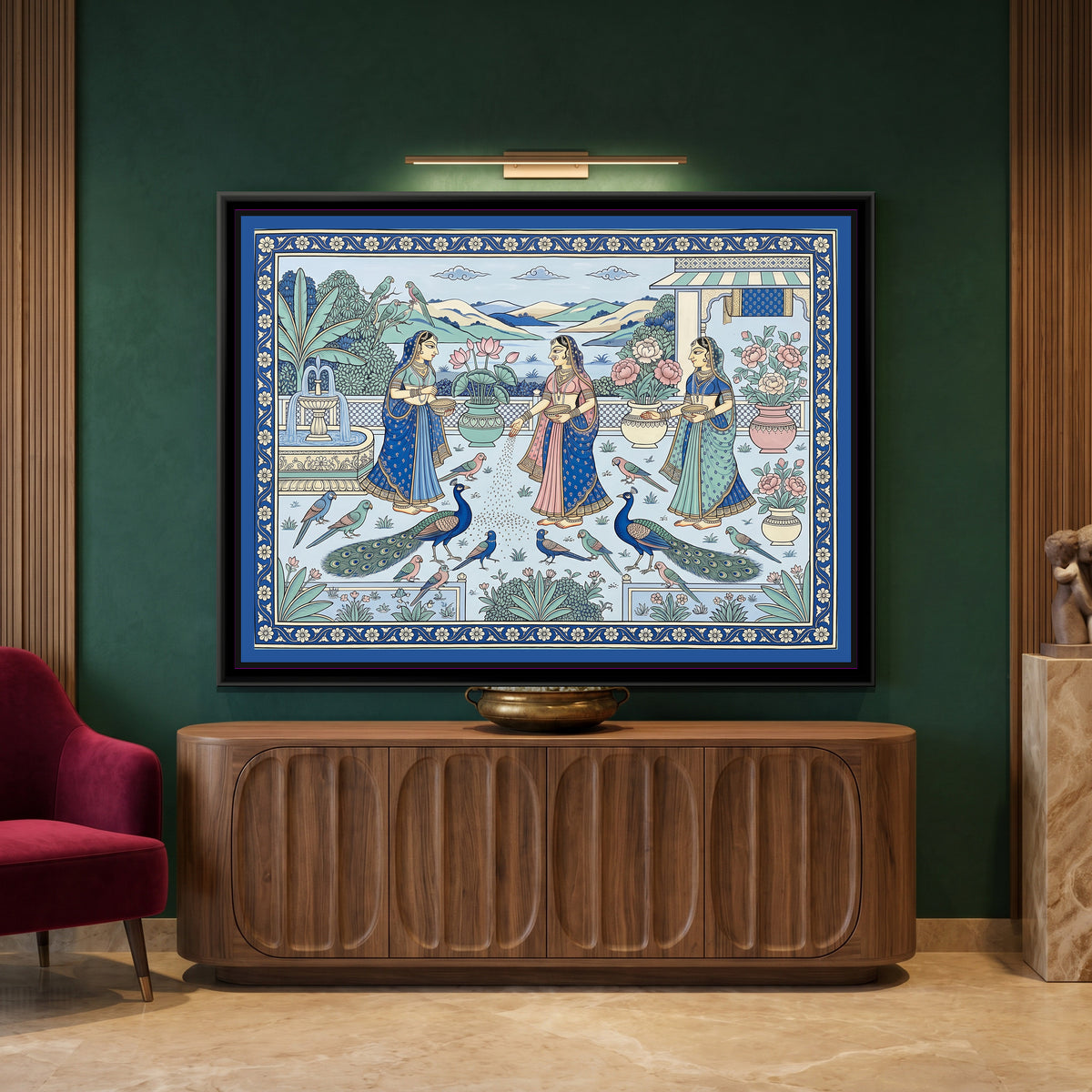 Phad Painting – Feeding the Peacocks on a Palace Terrace - canvas print shown in a second room setting