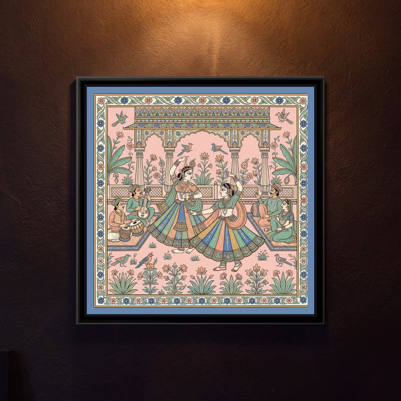 Phad Painting – Kathak Dancers in a Pavilion - framed canvas print of two Kathak dancers and musicians in a carved pavilion on a pink ground, Phad style, hung on a wall