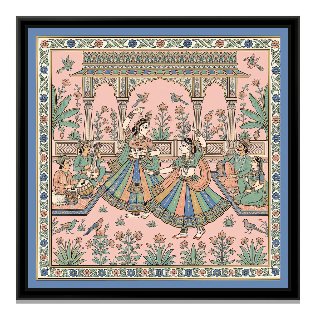Phad Painting – Kathak Dancers in a Pavilion - framed canvas print, front view
