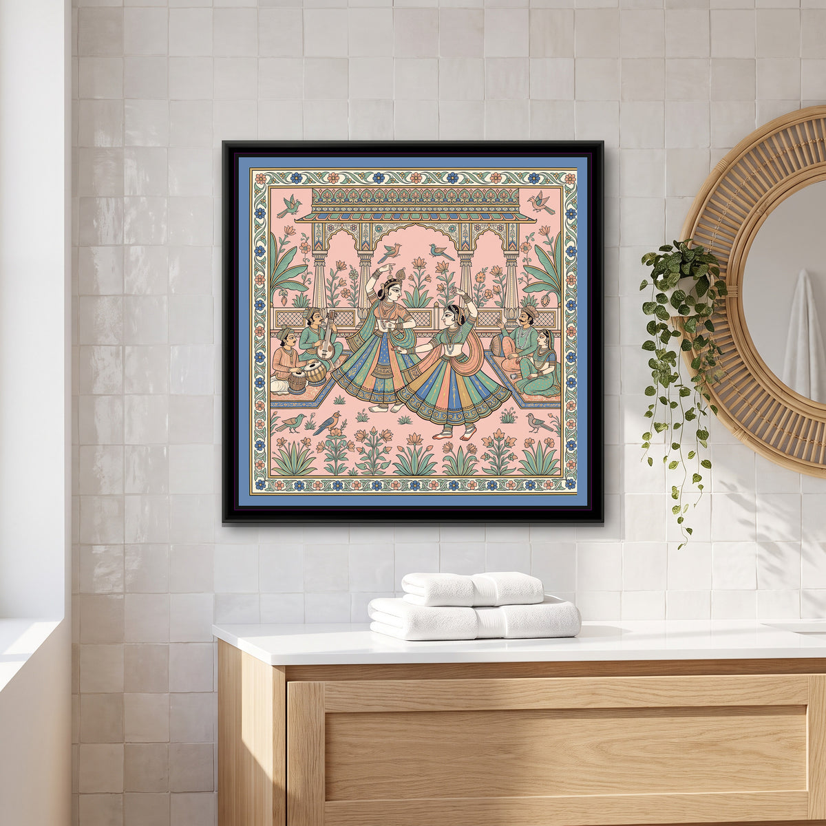 Phad Painting – Kathak Dancers in a Pavilion - canvas print shown in a second room setting
