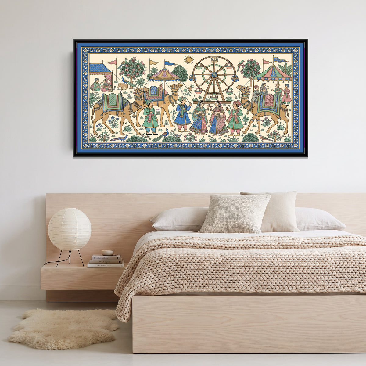 Phad Painting – The Camel Fair - canvas print shown in a second room setting
