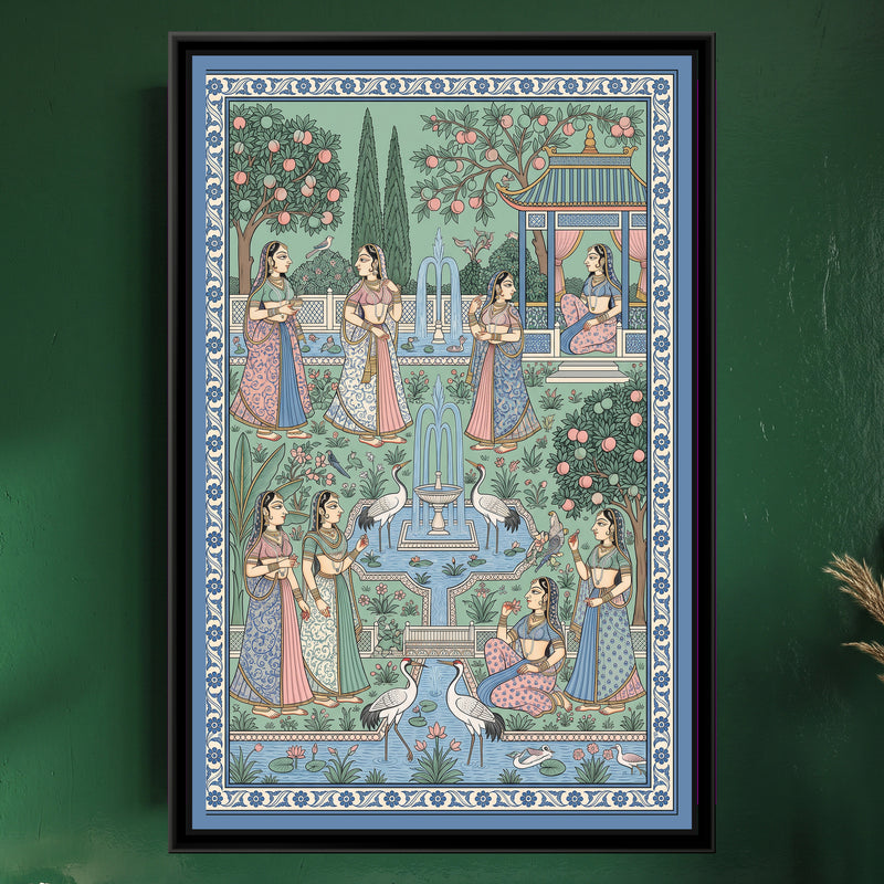 Phad Painting – Ladies in a Garden of Fountains - framed canvas print of ladies strolling in a palace garden with fountains, cranes and fruit trees, Phad style, hung on a wall