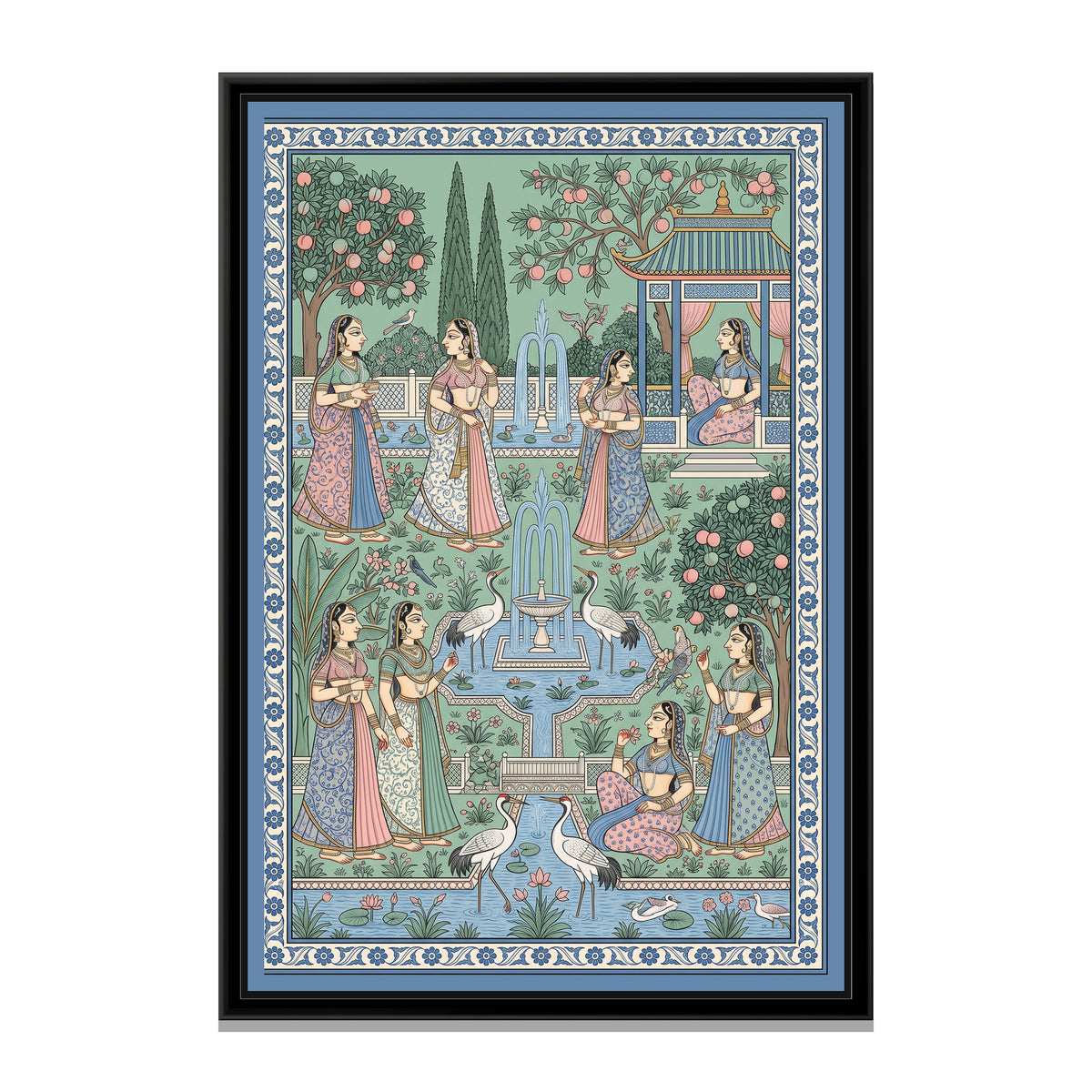 Phad Painting – Ladies in a Garden of Fountains - framed canvas print, front view