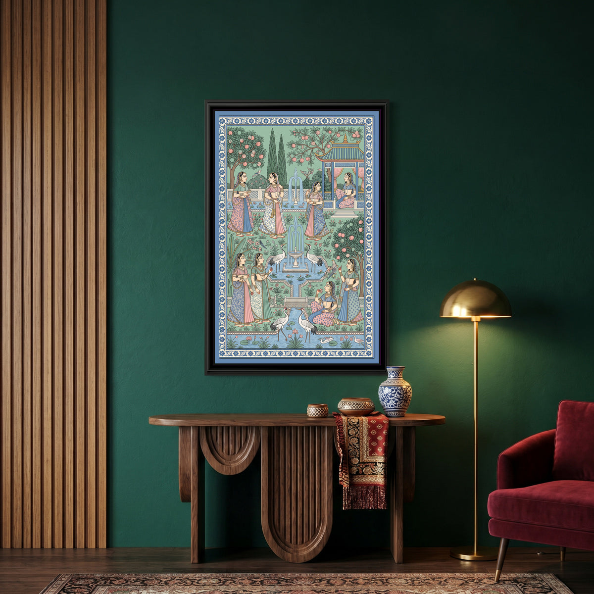 Phad Painting – Ladies in a Garden of Fountains - canvas print shown in a styled room