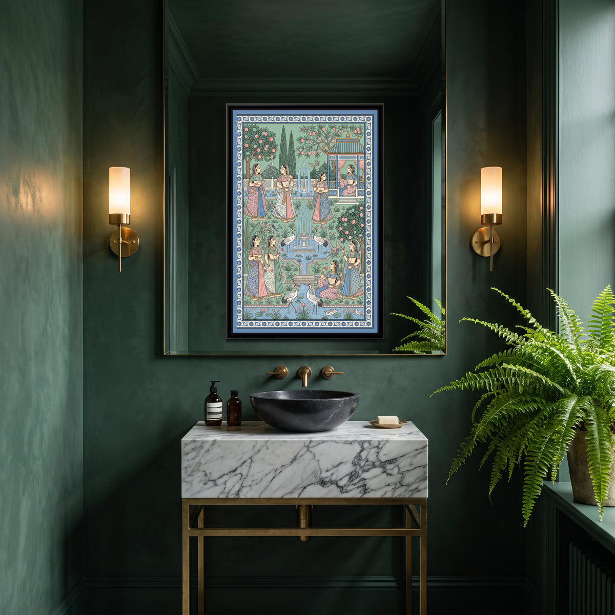 Phad Painting – Ladies in a Garden of Fountains - canvas print shown in a second room setting
