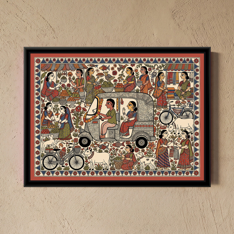 Traditional Pop Auto Rickshaw Painting – Kalamkari Colours - framed canvas print of a garlanded auto rickshaw in a busy Indian market, folk-art style in red and indigo, hung on a wall