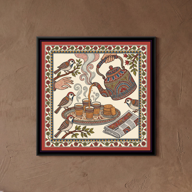 Traditional Pop Cutting Chai Painting – Kalamkari Colours - framed canvas print of a kettle pouring cutting chai into glasses with sparrows and biscuits, folk-art style, hung on a wall