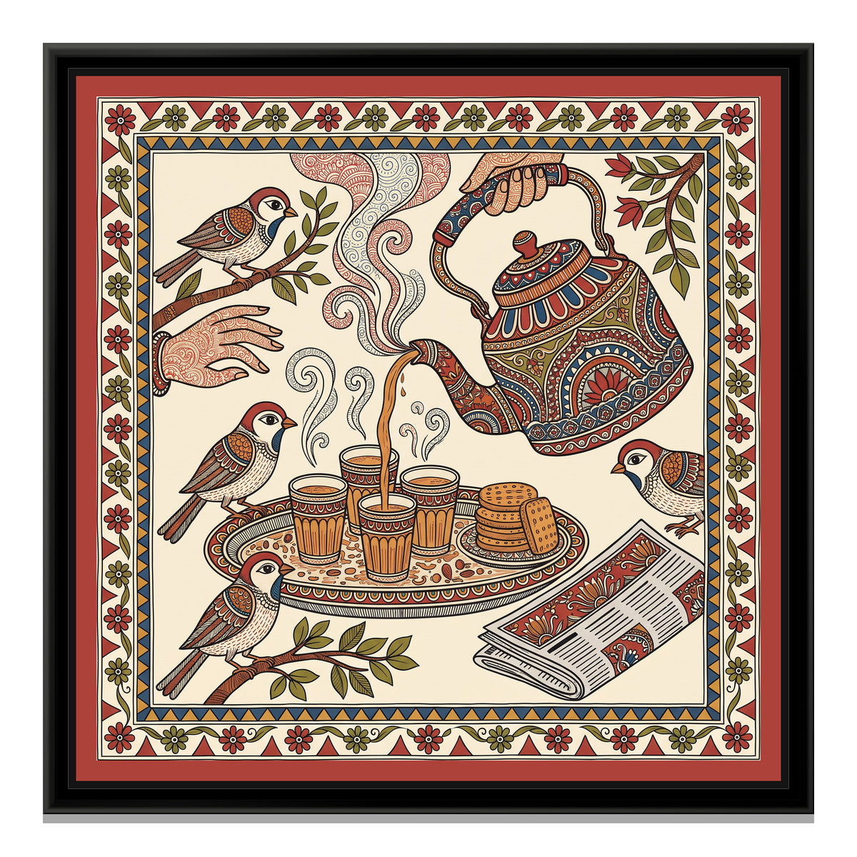 Traditional Pop Cutting Chai Painting – Kalamkari Colours - framed canvas print, front view