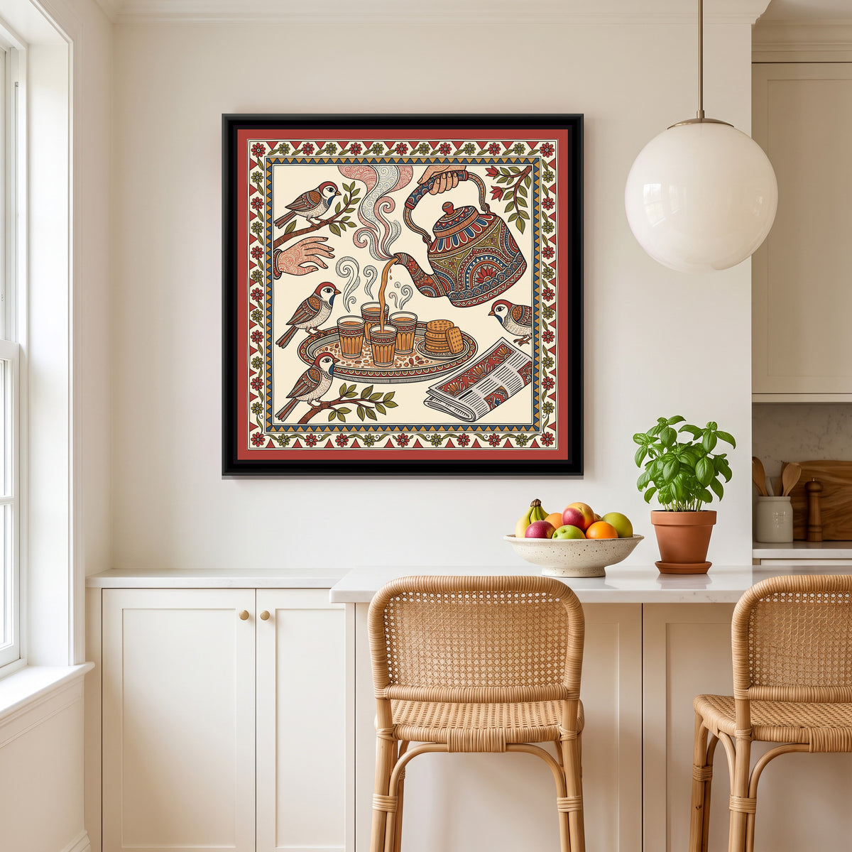 Traditional Pop Cutting Chai Painting – Kalamkari Colours - canvas print shown in a styled room