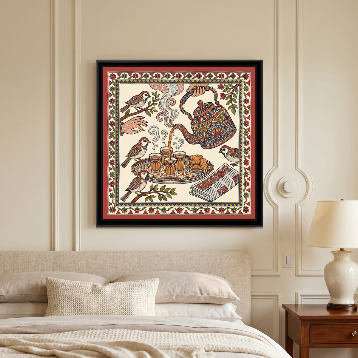 Traditional Pop Cutting Chai Painting – Kalamkari Colours - canvas print shown in a second room setting