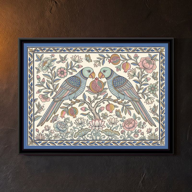 Chinoiserie Madhubani Painting – Parrots and Pomegranate - framed canvas print of two parrots sharing a pomegranate among peonies and lotuses, Chinoiserie Madhubani style, hung on a wall
