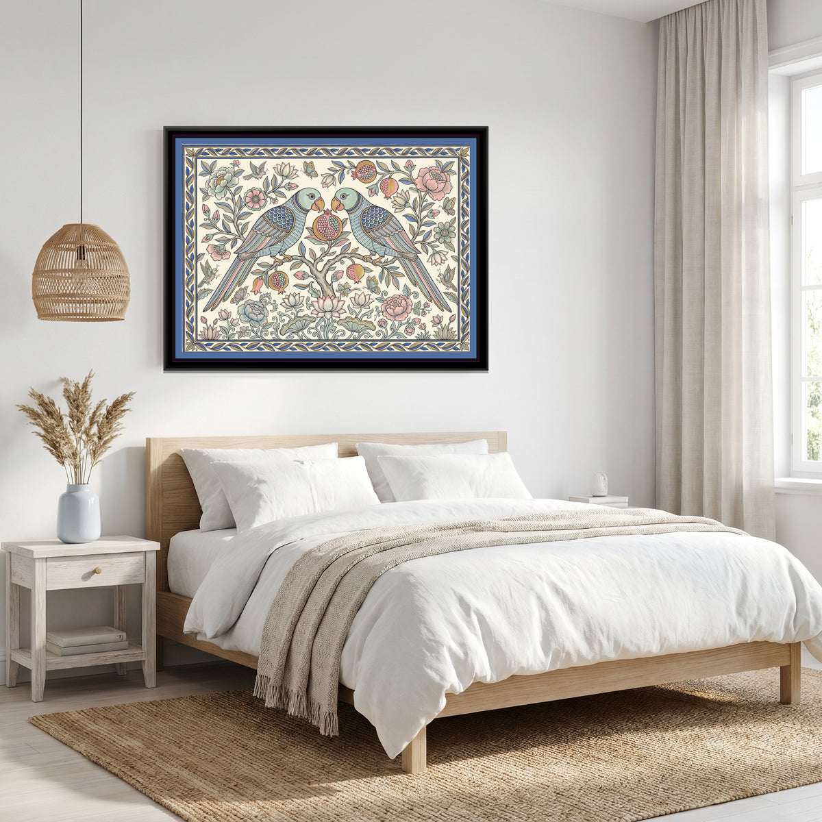 Chinoiserie Madhubani Painting – Parrots and Pomegranate - canvas print shown in a styled room