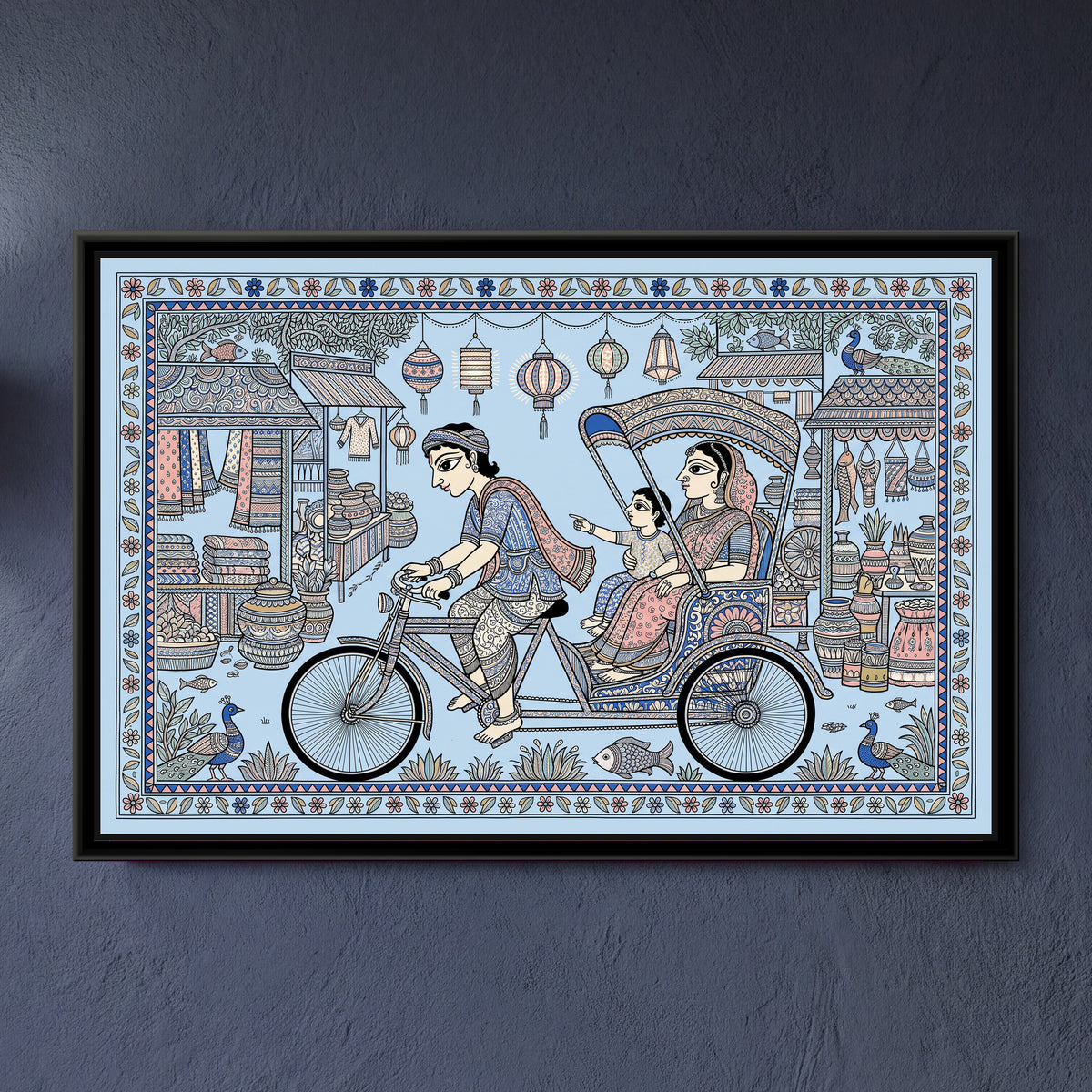 Traditional Pop Cycle Rickshaw Painting – Porcelain Blue - framed canvas print of a cycle rickshaw carrying a mother and child through a lantern-lit bazaar, folk-art style in porcelain blue and pink, hung on a wall