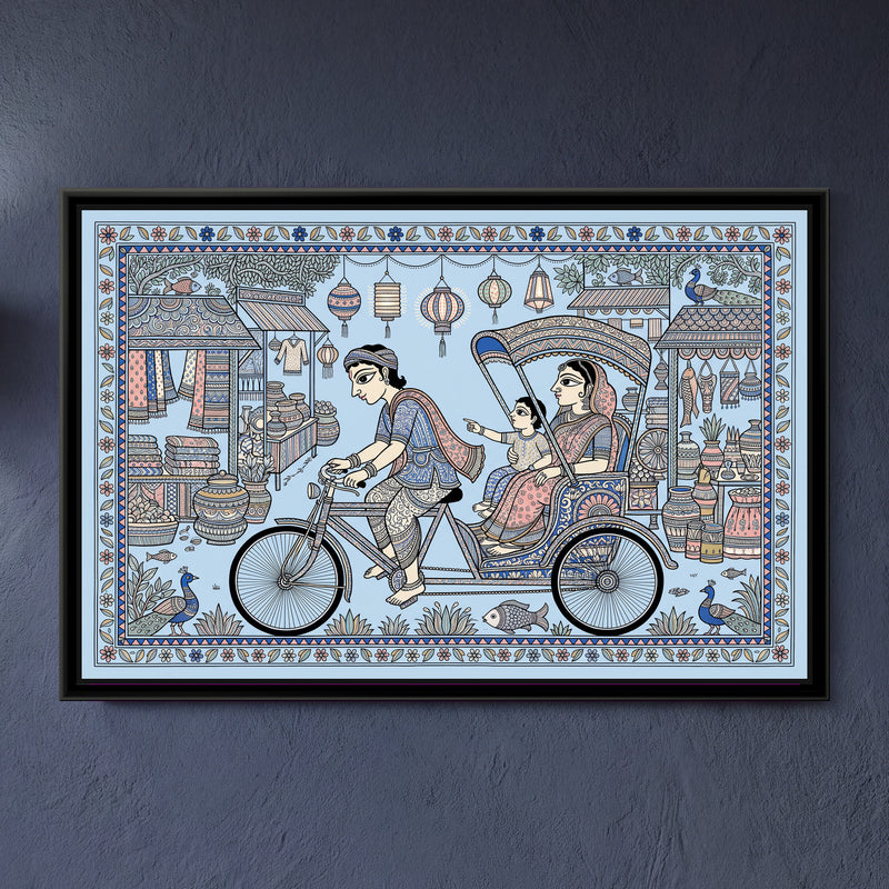 Traditional Pop Cycle Rickshaw Painting – Porcelain Blue - framed canvas print of a cycle rickshaw carrying a mother and child through a lantern-lit bazaar, folk-art style in porcelain blue and pink, hung on a wall
