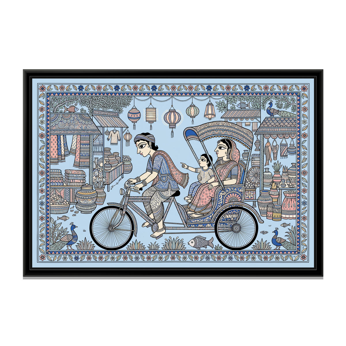 Traditional Pop Cycle Rickshaw Painting – Porcelain Blue - framed canvas print, front view