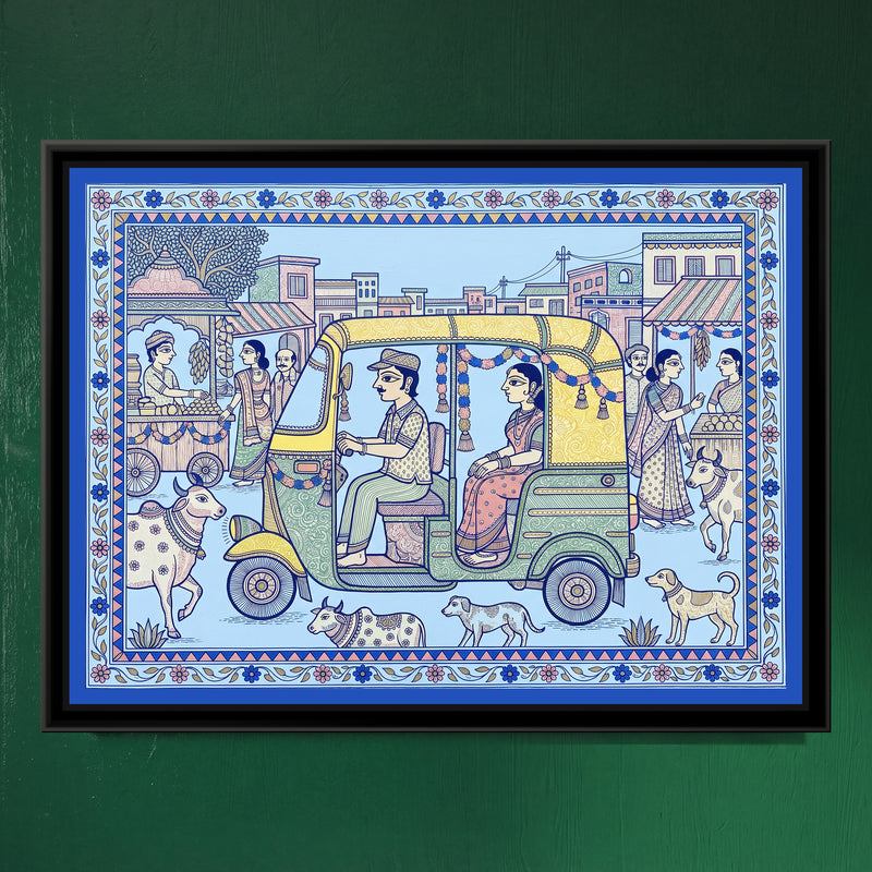 Traditional Pop Auto Rickshaw Painting – Porcelain Blue - framed canvas print of a garlanded yellow auto rickshaw on a busy street with cows and dogs, folk-art style in powder blue, hung on a wall
