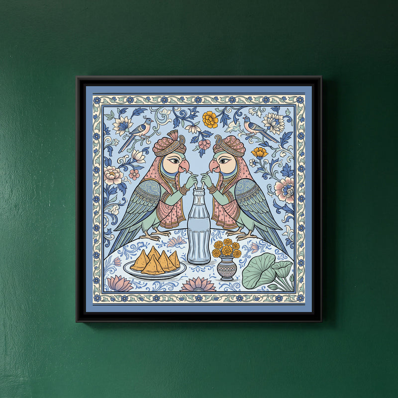 Phad Painting – Two Parrots, One Cola - framed canvas print of two turbaned parrots sharing a bottle of cola with two straws over a plate of samosas, Phad style, hung on a wall