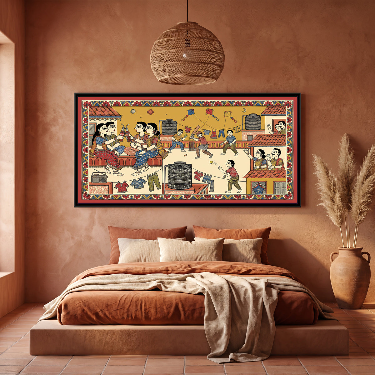 Traditional Pop Rooftop Summer Painting – Cola and Cricket - canvas print shown in a styled room