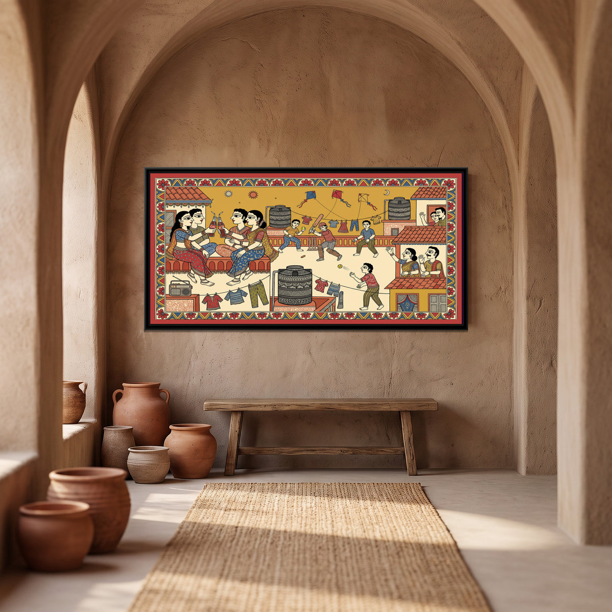Traditional Pop Rooftop Summer Painting – Cola and Cricket - canvas print shown in a second room setting