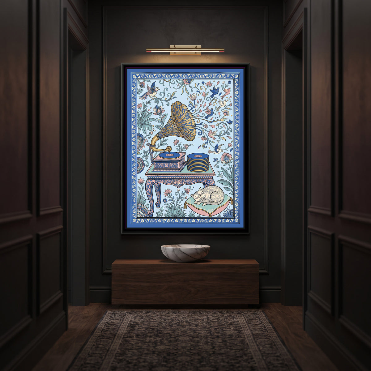 Phad Painting – The Gramophone - canvas print shown in a styled room