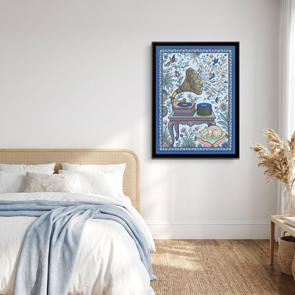 Phad Painting – The Gramophone - canvas print shown in a second room setting