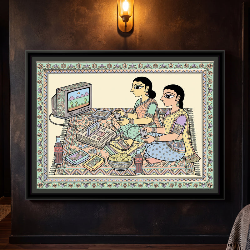 Traditional Pop – The Old Gaming Console - framed canvas print of two friends in saris playing a retro cartridge video game console on a rug, folk-art style in pastels, hung on a wall