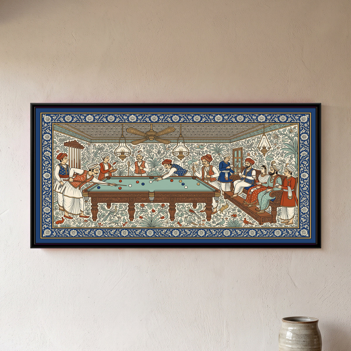 Phad Painting – The Billiards Room - framed canvas print of men in turbans playing billiards in an old-style games room with guests on a sofa, Phad style, hung on a wall
