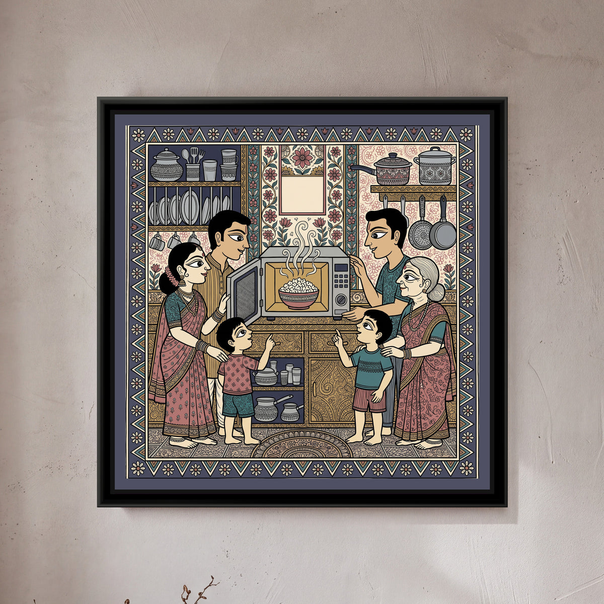 Traditional Pop – The First Microwave Oven - framed canvas print of a family crowding round their first microwave oven with a bowl of popcorn in an old Indian kitchen, folk-art style, hung on a wall