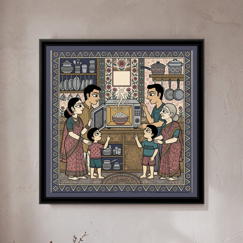 Traditional Pop – The First Microwave Oven - framed canvas print of a family crowding round their first microwave oven with a bowl of popcorn in an old Indian kitchen, folk-art style, hung on a wall